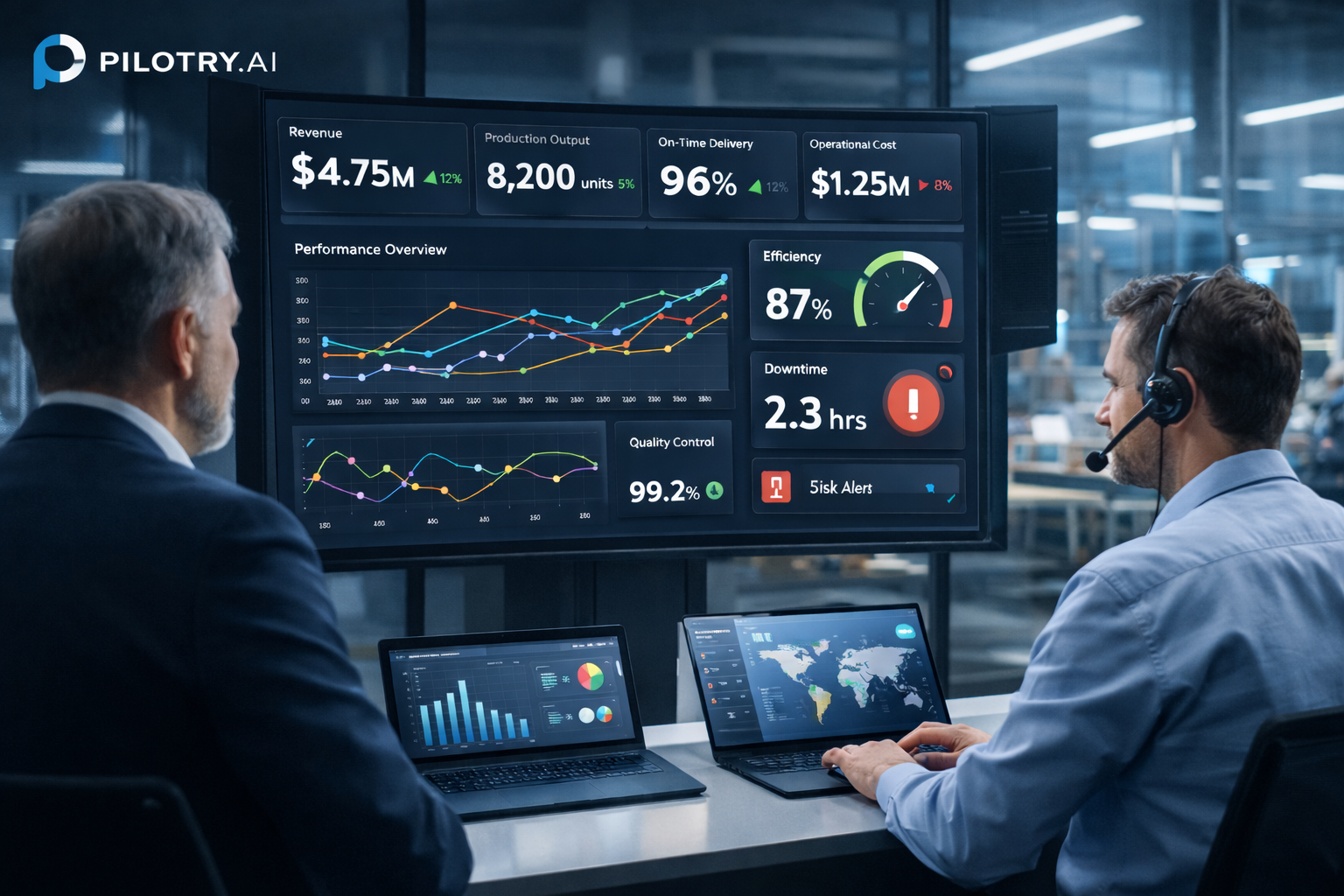 Operations and finance leaders reviewing business performance dashboards